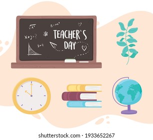 teachers blackboard books map clock