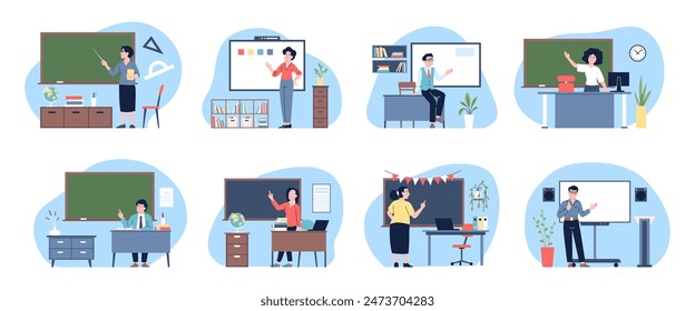 Teachers at blackboards. Male female teacher in classroom stand near chalkboards and modern board. College school education, recent vector scenes