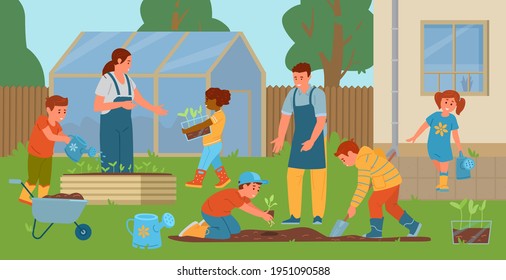 Teachers And Children Gardening In The Backyard. Kids Planting Seedlings, Digging, Watering. School Garden With Greenhouse and Patches. Vector Illustration.