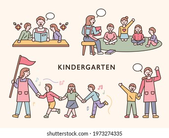 Teachers and children in kindergarten. flat design style minimal vector illustration.