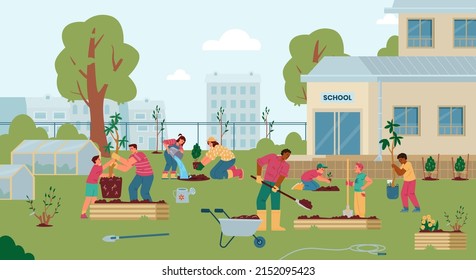 Maestros y niños plantando árboles y arbustos en el patio trasero de la escuela, ilustración de vectores planos. Jardín escolar con gente, invernaderos, camas, carrito con tierra, árboles y arbustos recién plantados.