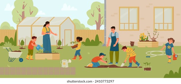 Teachers and children planting trees and bushes in the school backyard flat vector illustration. School garden with people, greenhouse, beds, cart, freshly planted trees and bushes. 