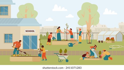 Teachers and children planting trees and bushes in the school backyard flat vector illustration. School garden with people, greenhouse, beds, cart, freshly planted trees and bushes. 