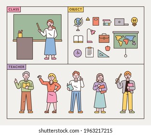 Teachers in class characters and school supplies icons. flat design style minimal vector illustration.