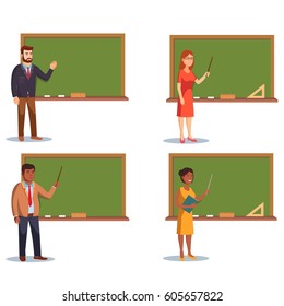 Teachers in the classroom set. Education and teaching profession concept. Isolated. Vector. Male and female instructor