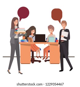 teachers in the classroom with students and speech bubble