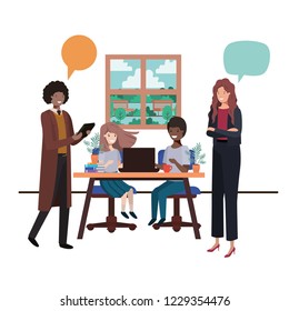 teachers in the classroom with students and speech bubble