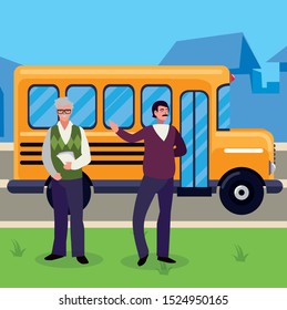 teachers couple in bus stop vector illustration design