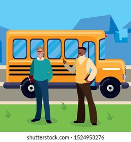 teachers couple in bus stop vector illustration design