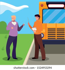 teachers couple in bus stop vector illustration design