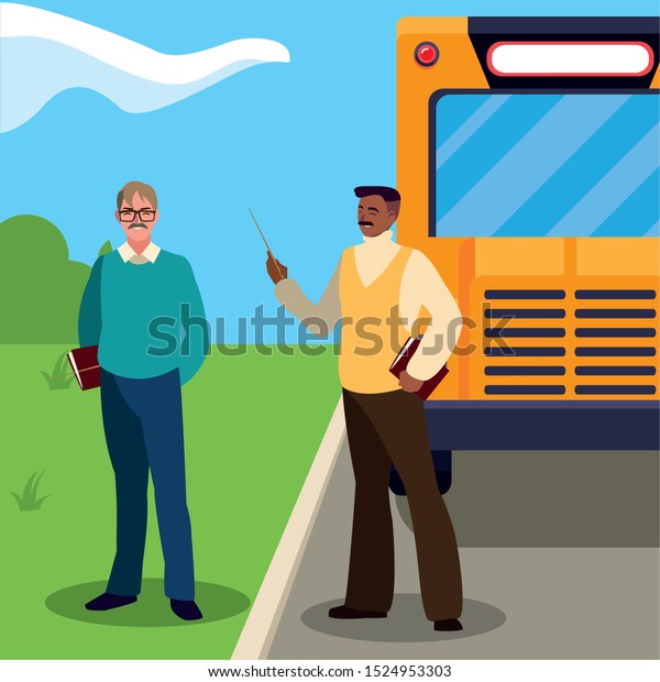 teachers\
couple in bus stop vector illustration\
design