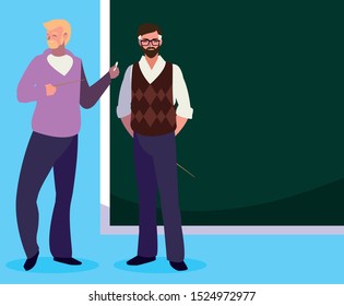 teachers couple with chalkboard characters vector illustration design