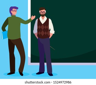 teachers couple with chalkboard characters vector illustration design