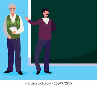 teachers couple with chalkboard characters vector illustration design