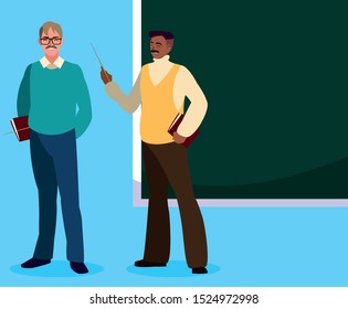 teachers couple with chalkboard characters vector illustration design