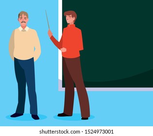 teachers couple with chalkboard characters vector illustration design