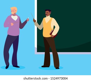 teachers couple with chalkboard characters vector illustration design