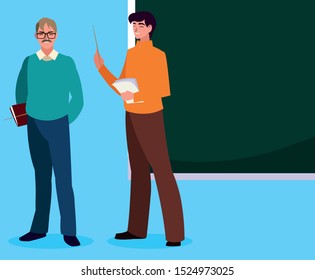 teachers couple with chalkboard characters vector illustration design