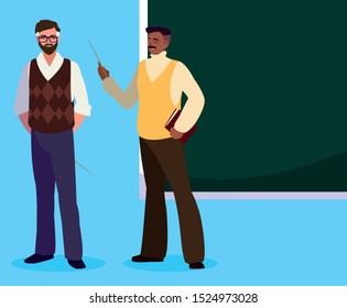 teachers couple with chalkboard characters vector illustration design