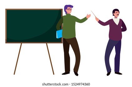 teachers couple with chalkboard characters vector illustration design