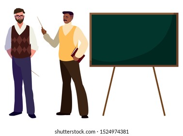 teachers couple with chalkboard characters vector illustration design