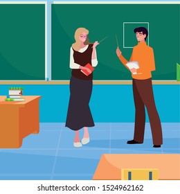 teachers couple in the classroom characters vector illustration design