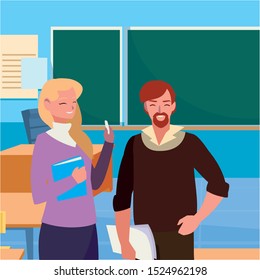 teachers couple in the classroom characters vector illustration design