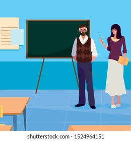 teachers couple in the classroom characters vector illustration design