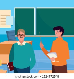 teachers couple in the classroom characters vector illustration design
