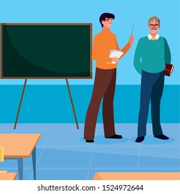 teachers couple in the classroom characters vector illustration design