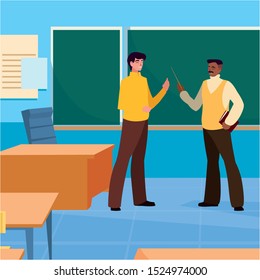 teachers couple in the classroom characters vector illustration design