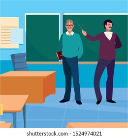 teachers couple in the classroom characters vector illustration design