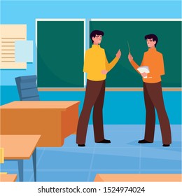 teachers couple in the classroom characters vector illustration design