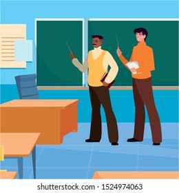 teachers couple in the classroom characters vector illustration design