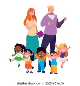 teachers couple with little students vector illustration design