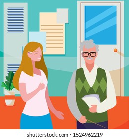 teachers couple in the school corridor vector illustration design