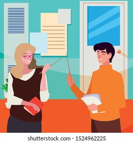 teachers couple in the school corridor vector illustration design
