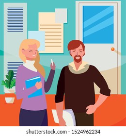 teachers couple in the school corridor vector illustration design