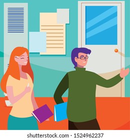 teachers couple in the school corridor vector illustration design