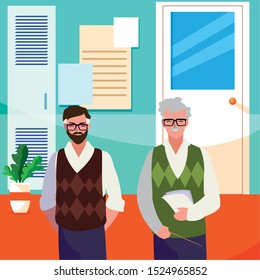teachers couple in the school corridor vector illustration design