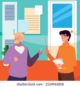 teachers couple in the school corridor vector illustration design