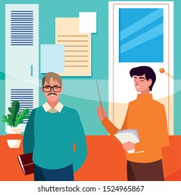 teachers couple in the school corridor vector illustration design