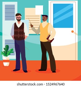 teachers couple in the school corridor vector illustration design