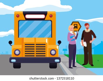 teachers couple in stop bus