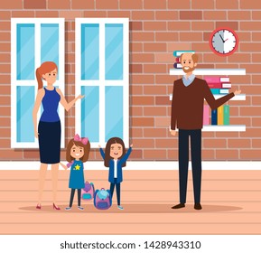 teachers couple with students girls in the school scene