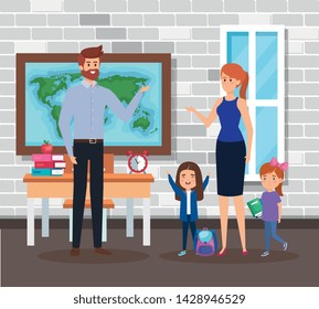 teachers couple with students girls in the school scene