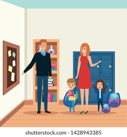 teachers couple with students kids in the school scene