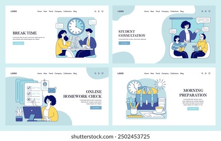 Teacher's daily routine set. Capturing moments from break time to student consultations. Online homework reviews and morning preparations. Vector illustration.