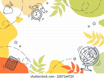 Teachers day, back to school. Learning attributes - alarm clock, calculator, apple, globe. Bright modern sketch style banner, color blots. For frame, advertising banner, site, advertising flyer