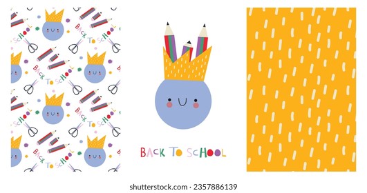 Día del Profesor. De vuelta a la escuela. Conjunto de patrones e impresiones con Stationery. Lápices multicolores, tijeras, grano, paquete multicolor.  Resumen de patrones sin fisuras. Día del Profesor. De vuelta a la escuela.